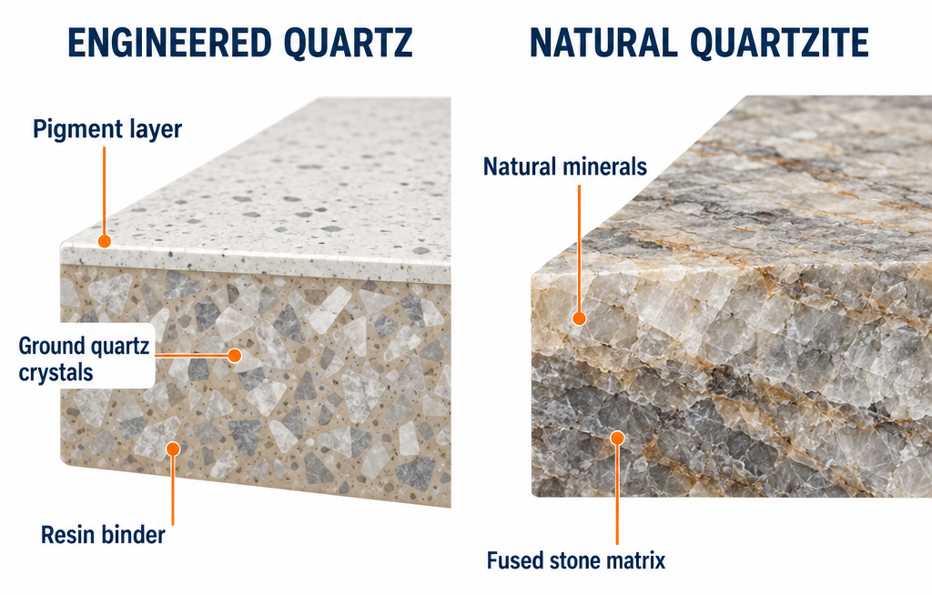 Quartz versus quartzite countertop materials labelled diagram