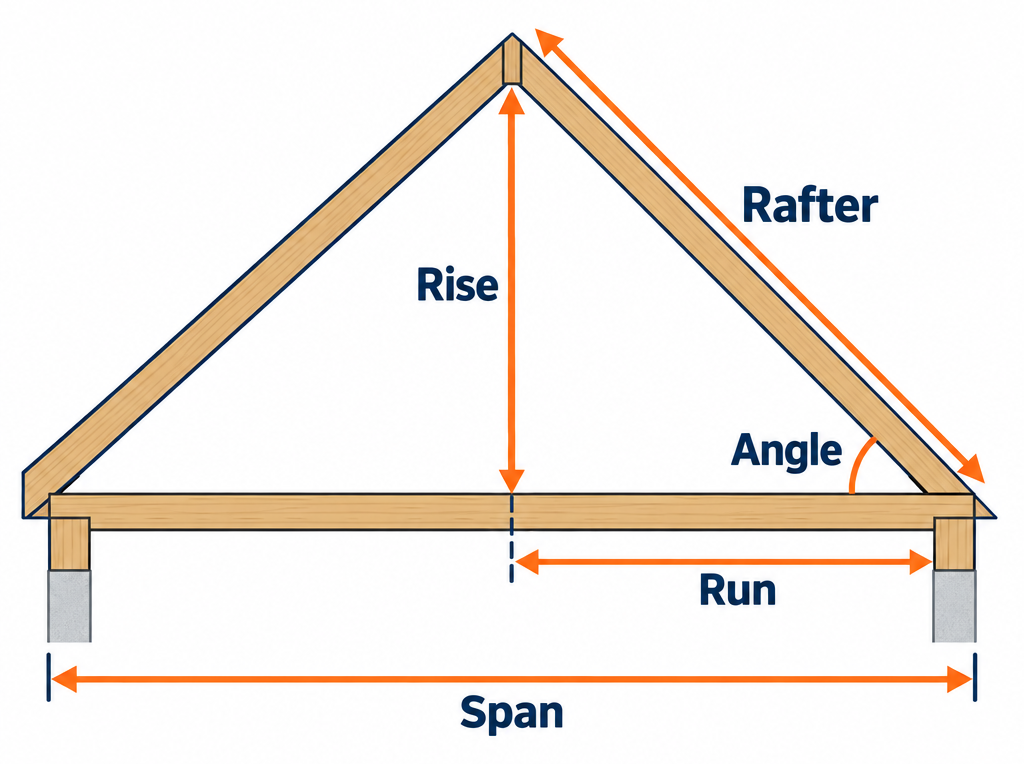 Roof pitch diagram labelling rise, run, span, rafter length and roof angle