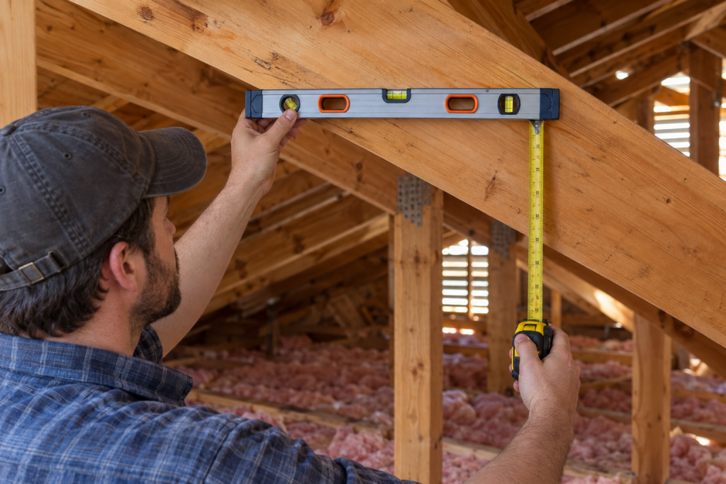 Homeowner measuring roof pitch from attic using a level and tape measure