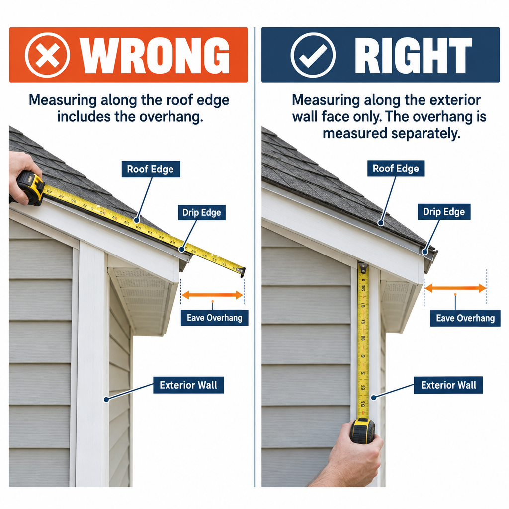 Right vs wrong way to measure house footprint for roofing calculator: exterior wall vs roof edge