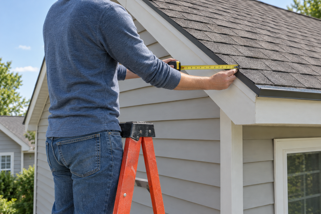 Homeowner measuring house eave overhang with tape measure for roofing calculator inputs