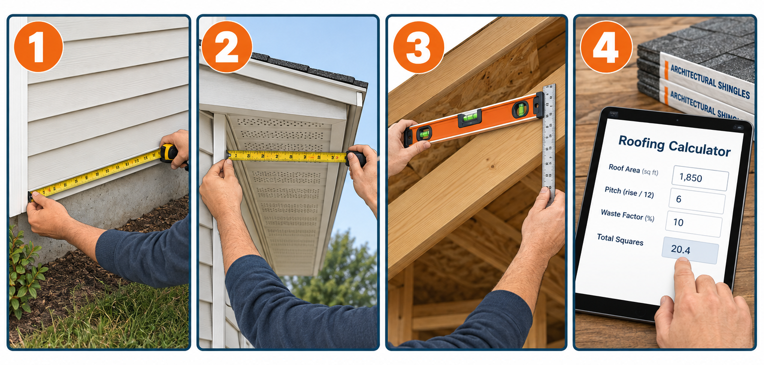 Using a roofing calculator in four steps: measure footprint, measure eave overhang, check roof pitch with level, enter numbers to get shingle count