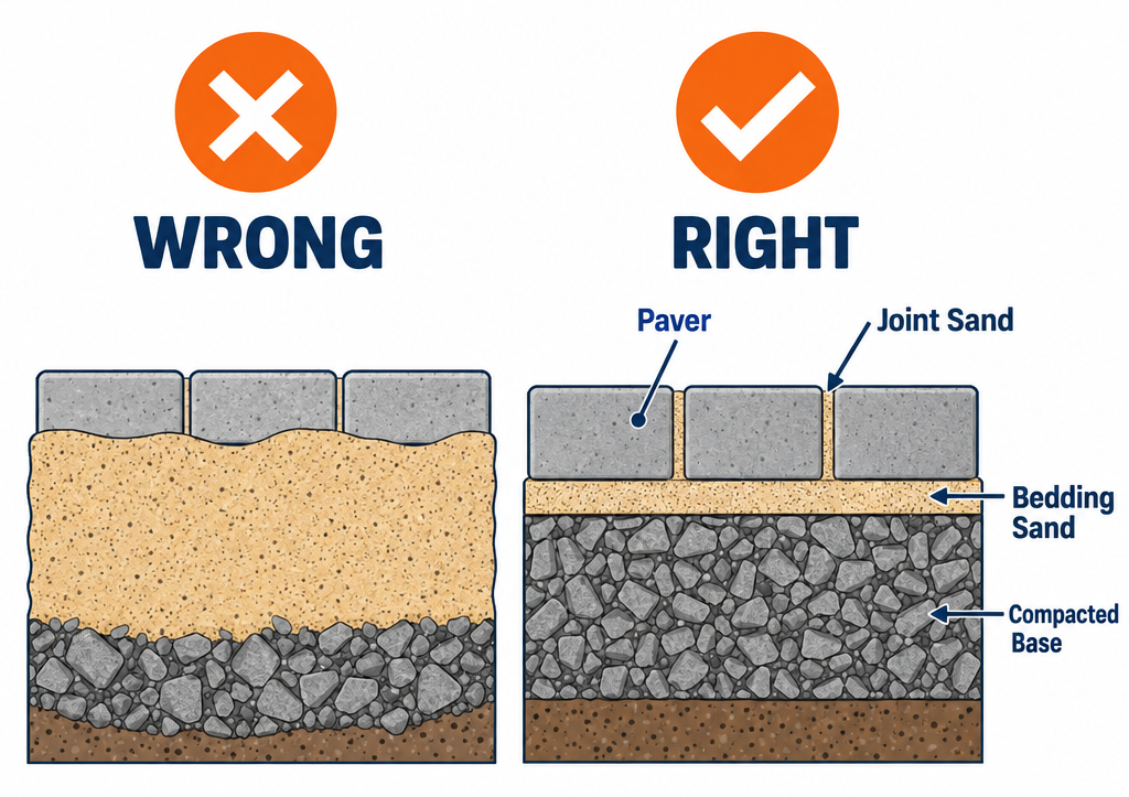 Labelled diagram showing correct versus incorrect paver sand bedding layers