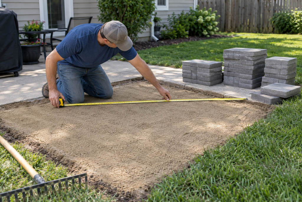 Measuring a backyard patio area with a tape measure to calculate sand needed