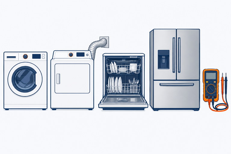 Appliances illustration: a washing machine, a dryer with its vent hose, a dishwasher with the door open, a refrigerator and a multimeter