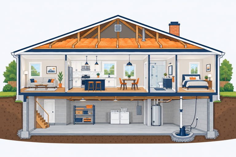 Basements & Attics illustration: a cutaway house showing an attic with insulation batts above and a finished basement with a sump pump below