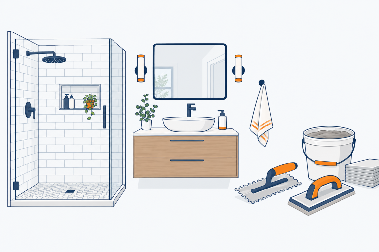 Bathroom Remodeling illustration: a walk-in shower with subway tile, a floating vanity with a vessel sink, a mirror, a tile trowel and grout float