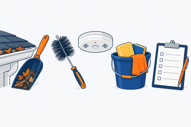 Cleaning & Maintenance illustration: a seasonal maintenance scene: a gutter scoop, a dryer vent brush, a smoke detector on a ceiling, a bucket with sponges and a checklist clipboard