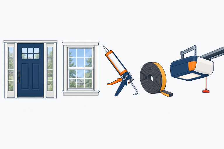 Doors & Windows illustration: a front door with sidelights, a double-hung window, a caulk gun, weatherstripping and a garage door opener