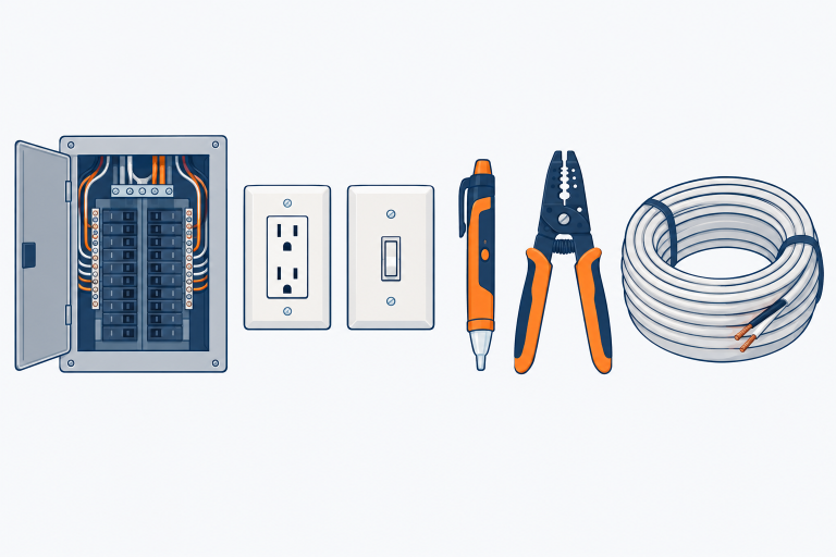 Electrical illustration: an open breaker panel, a wall outlet and light switch with cover plates, a voltage tester, wire strippers, a coil of electrical cable