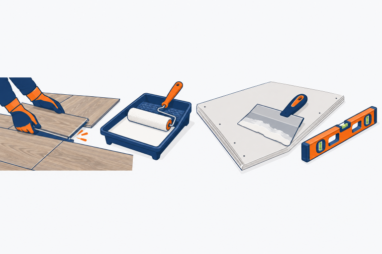 Flooring, Walls & Paint illustration: planks of wood-look flooring being clicked together, a paint roller and tray, a drywall sheet with a taping knife, a level