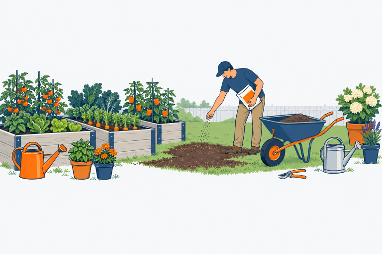 Garden illustration: raised garden beds with vegetables, a lawn being seeded, a wheelbarrow, a watering can, pruning shears and potted plants
