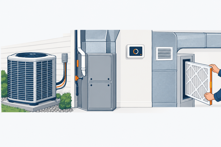 HVAC & Air Quality illustration: a furnace and a heat pump outdoor unit, a wall thermostat, ductwork with a vent register, a pleated air filter being slid in