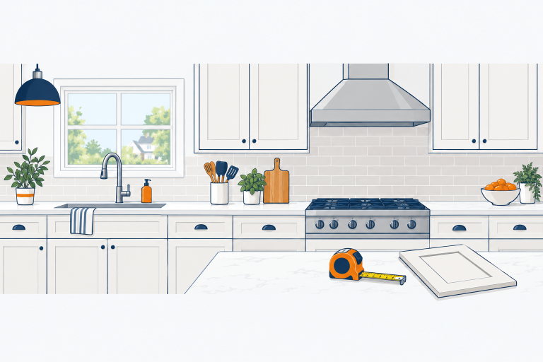 Kitchen Remodeling illustration: a bright kitchen with shaker cabinets, a countertop with a sink and faucet, a range hood, a tape measure and a sample door on the counter