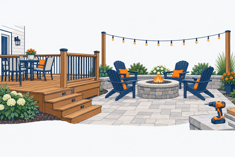 Outdoor Living illustration: a wooden deck with railings, a paver patio, a fire pit, a string of patio lights and a cordless drill