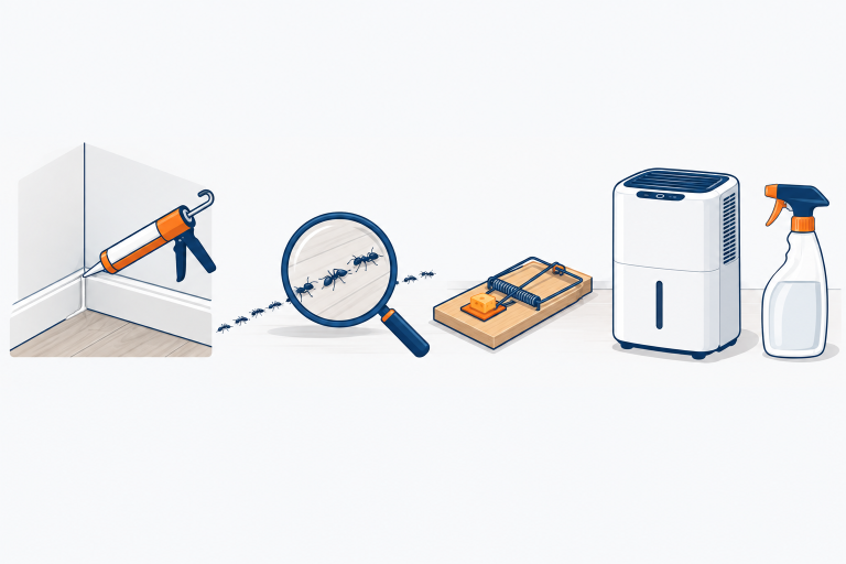 Pest Control & Mold illustration: a clean house corner with a sealed gap, a magnifying glass over an ant trail, a mouse trap, a dehumidifier and a spray bottle