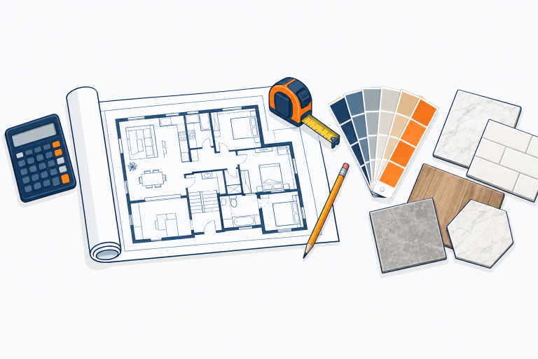 Planning & Costs illustration: a blueprint floor plan unrolled on a table, a calculator, a tape measure, paint swatches, tile samples and a pencil