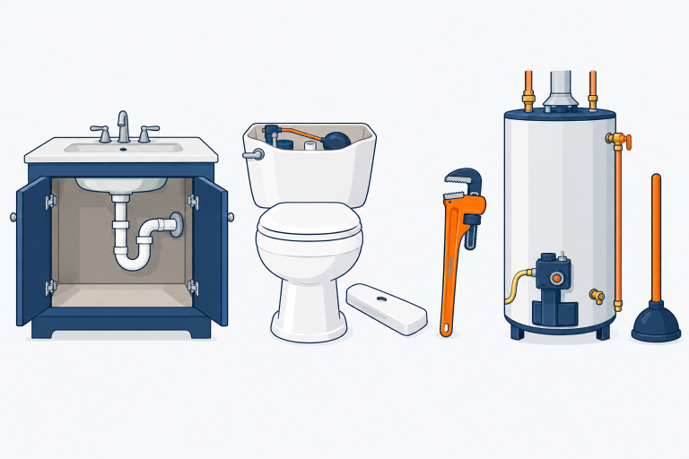 Plumbing illustration: a sink with the cabinet doors open showing a P-trap, a pipe wrench, a toilet with its tank lid off, a tank water heater, a plunger