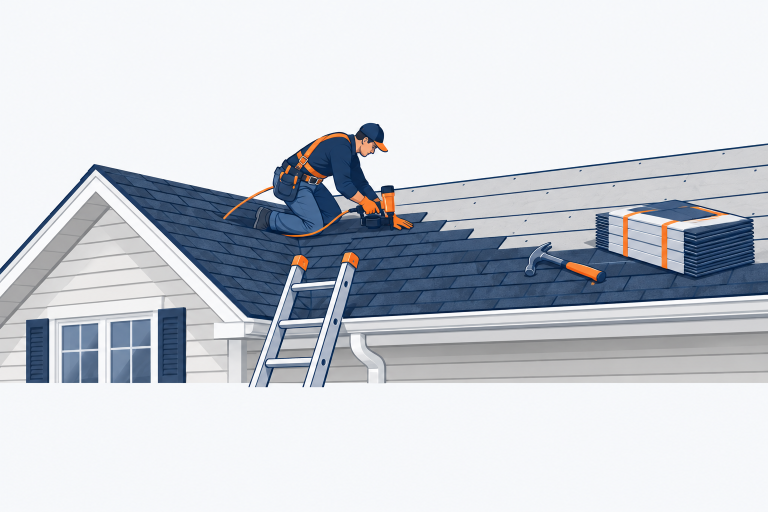 Roofing & Exterior illustration: a house roofline with shingles being laid, a ladder against the gutter, a roofing hammer and a bundle of shingles