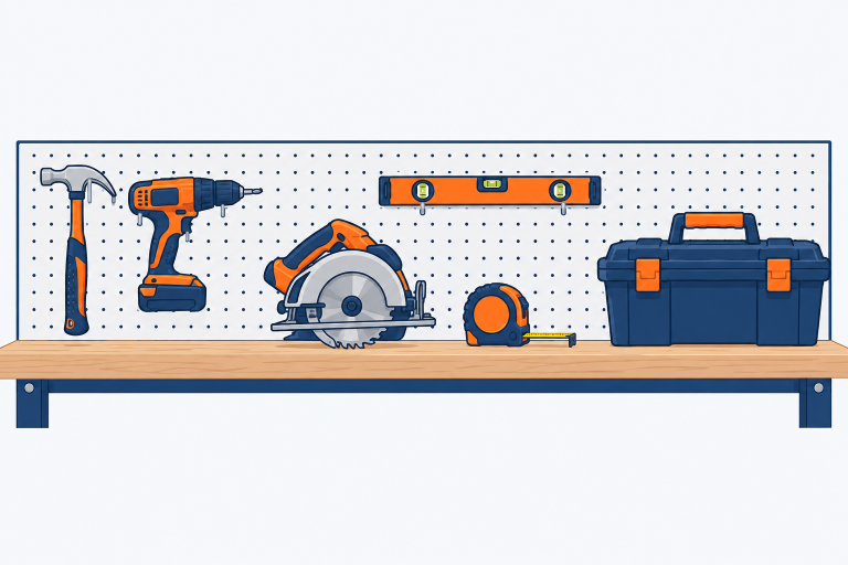 Tools & DIY illustration: a pegboard tool wall with a hammer, cordless drill, circular saw, level, tape measure and a tool box on a workbench