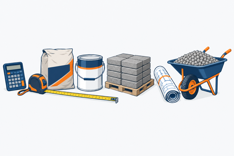 Home improvement calculators illustration: a calculator, a long tape measure, a bag of concrete, a paint can, a stack of pavers, a roll of blueprint and a wheelbarrow of gravel
