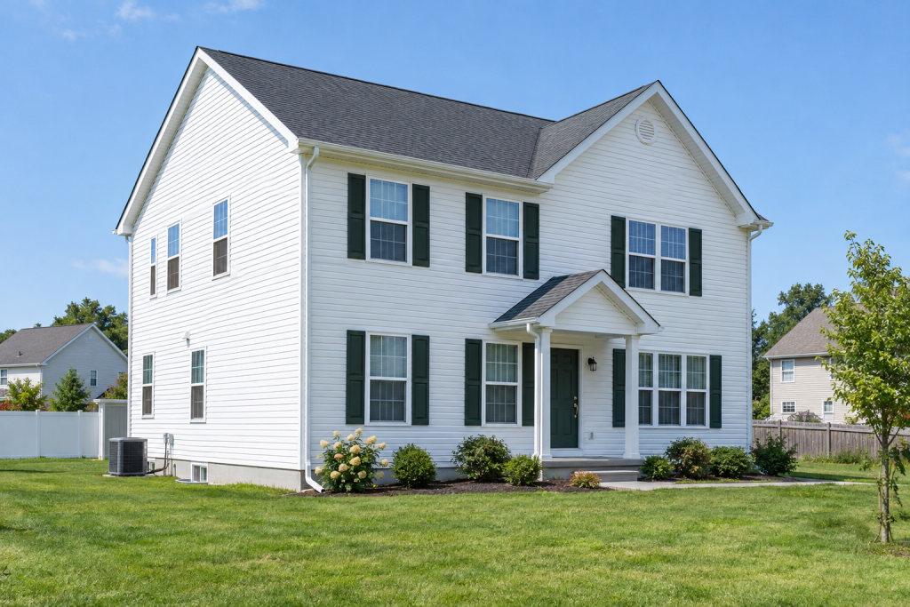Freshly installed white vinyl siding on a two-story suburban house in natural daylight
