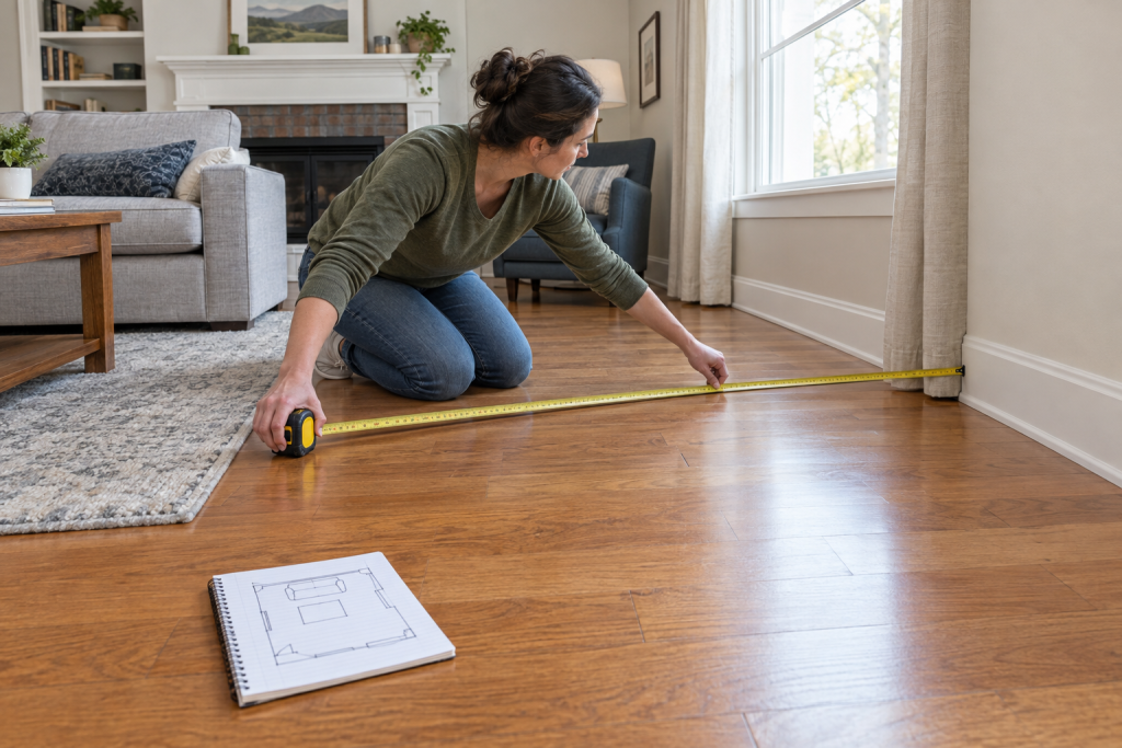 Homeowner measuring a living room floor with a steel tape measure to calculate square footage