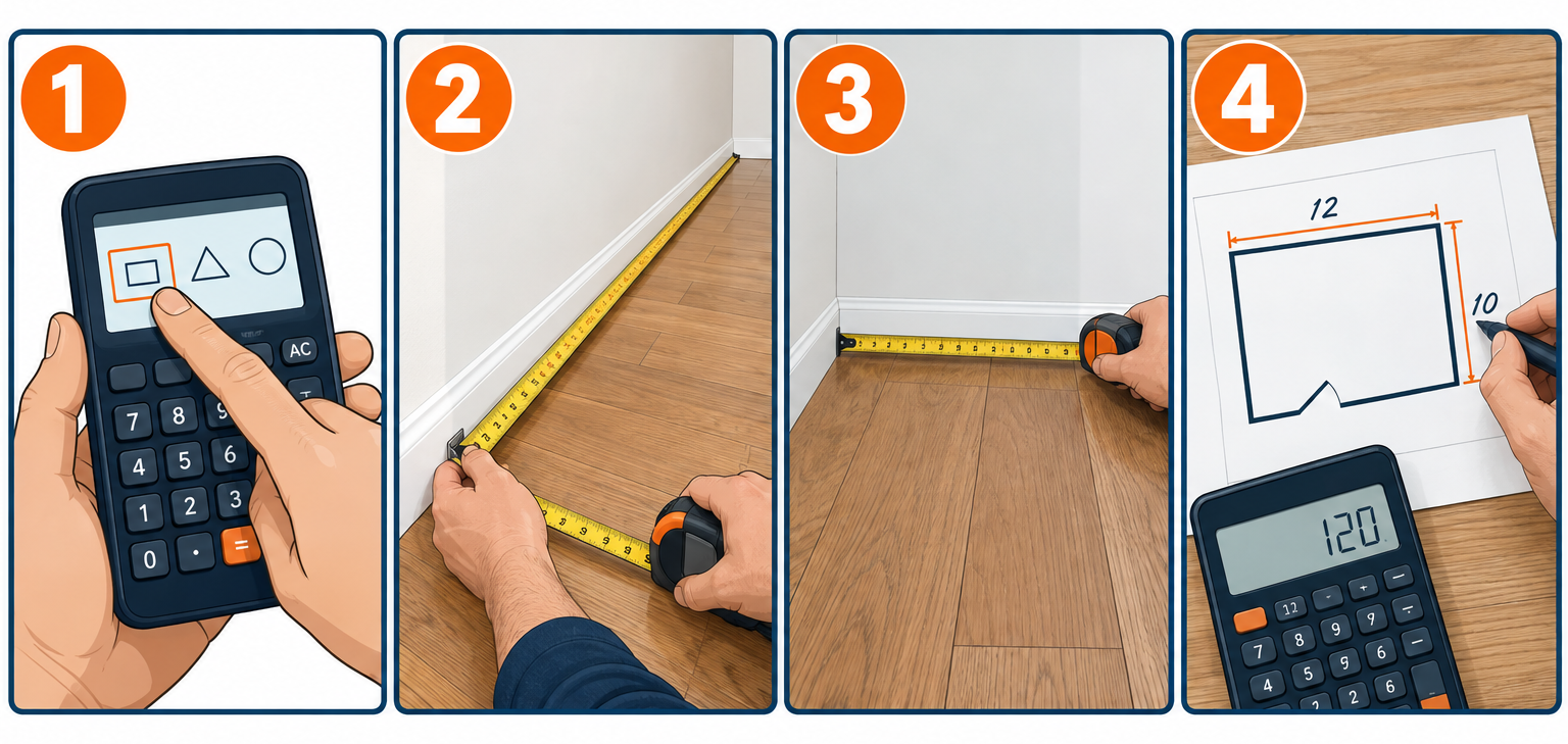 Four steps to calculate square footage: choose shape, measure length, measure width, read total area