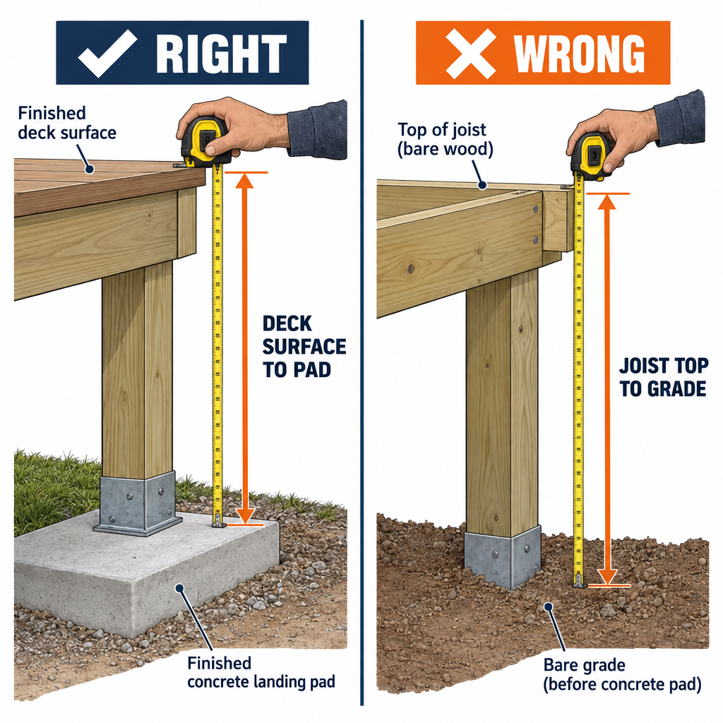 Right vs wrong stair rise measurement showing finished floor surface versus joist top