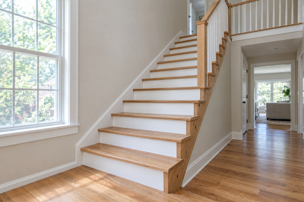 Freshly built wooden staircase with clean-cut stringers and oak treads in a bright home interior