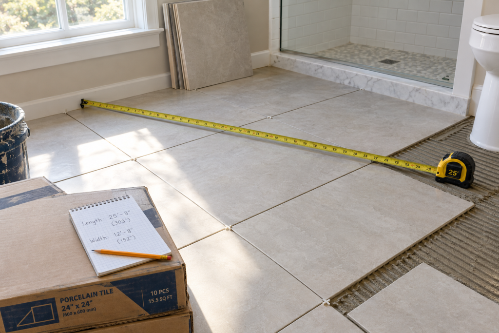 Tape measure and tile samples laid out on a bathroom floor beside a notepad with room dimensions