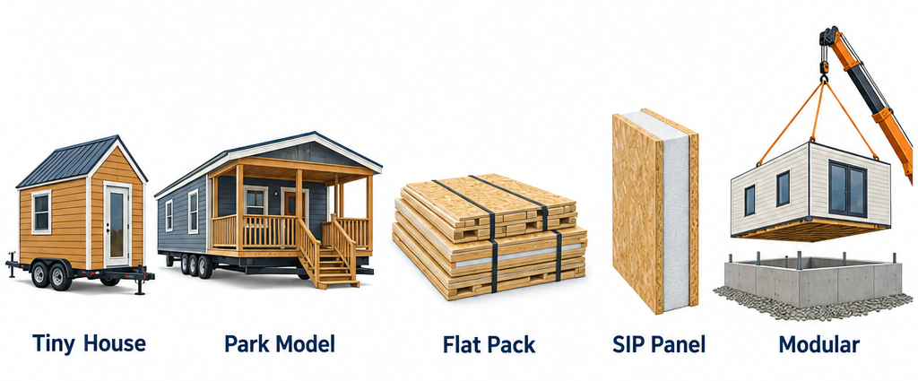 Labelled diagram comparing five tiny house and prefab home types: THOW, park model, kit, panelized SIP, and modular
