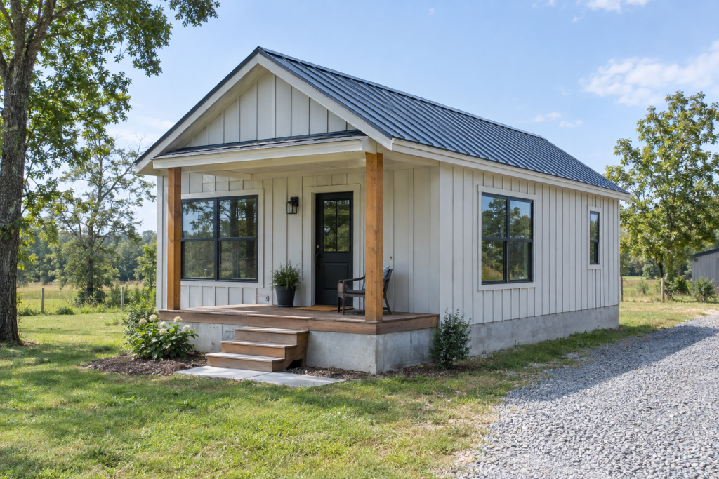 Completed small prefab kit home on a permanent foundation in a rural backyard with natural landscaping