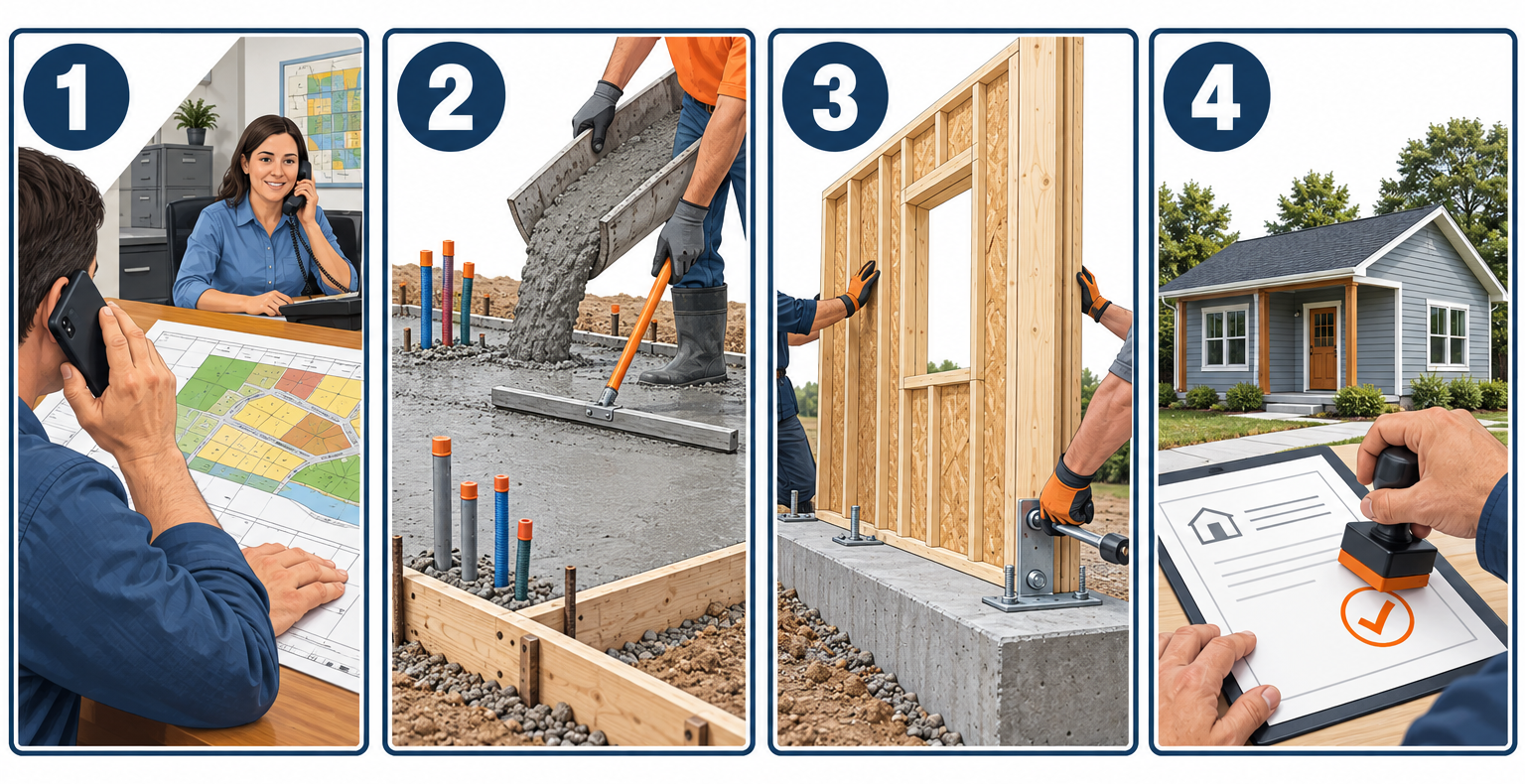 Getting a tiny house on your land in four key steps: zoning check, site prep, shell assembly, and final inspection