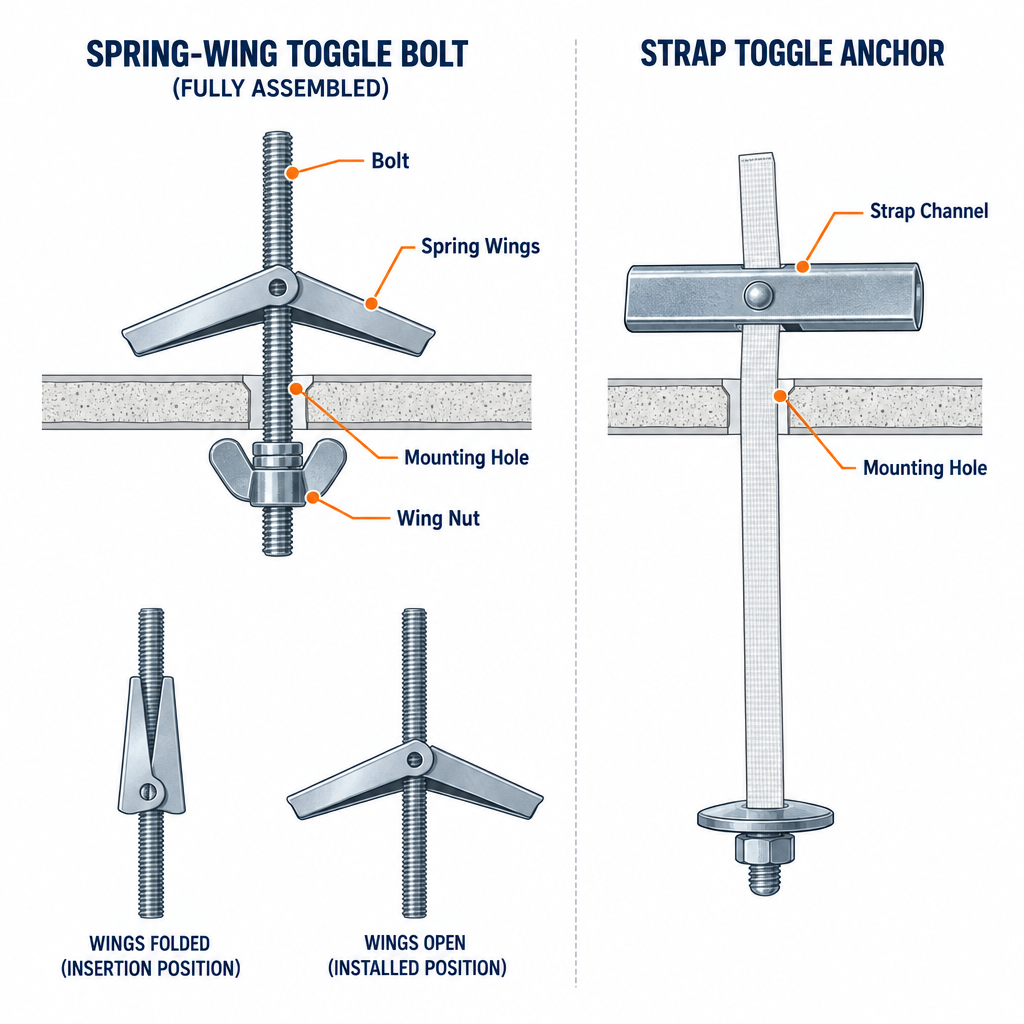 Toggle bolt parts diagram labelling bolt, spring wings, wing nut, strap channel and plastic straps