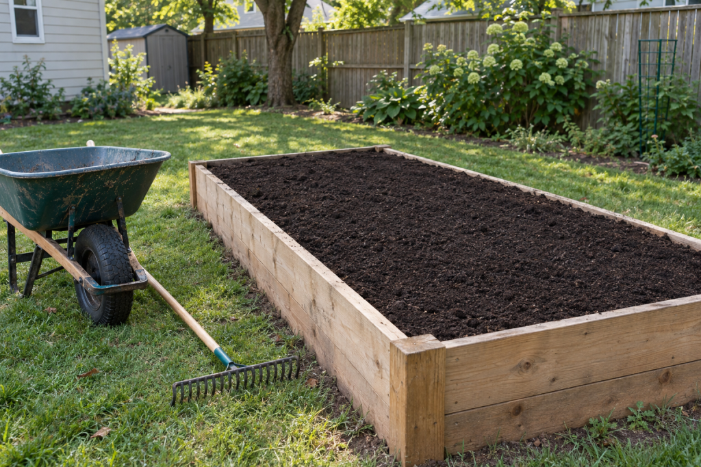 Fresh topsoil spread across a backyard garden bed beside a suburban home