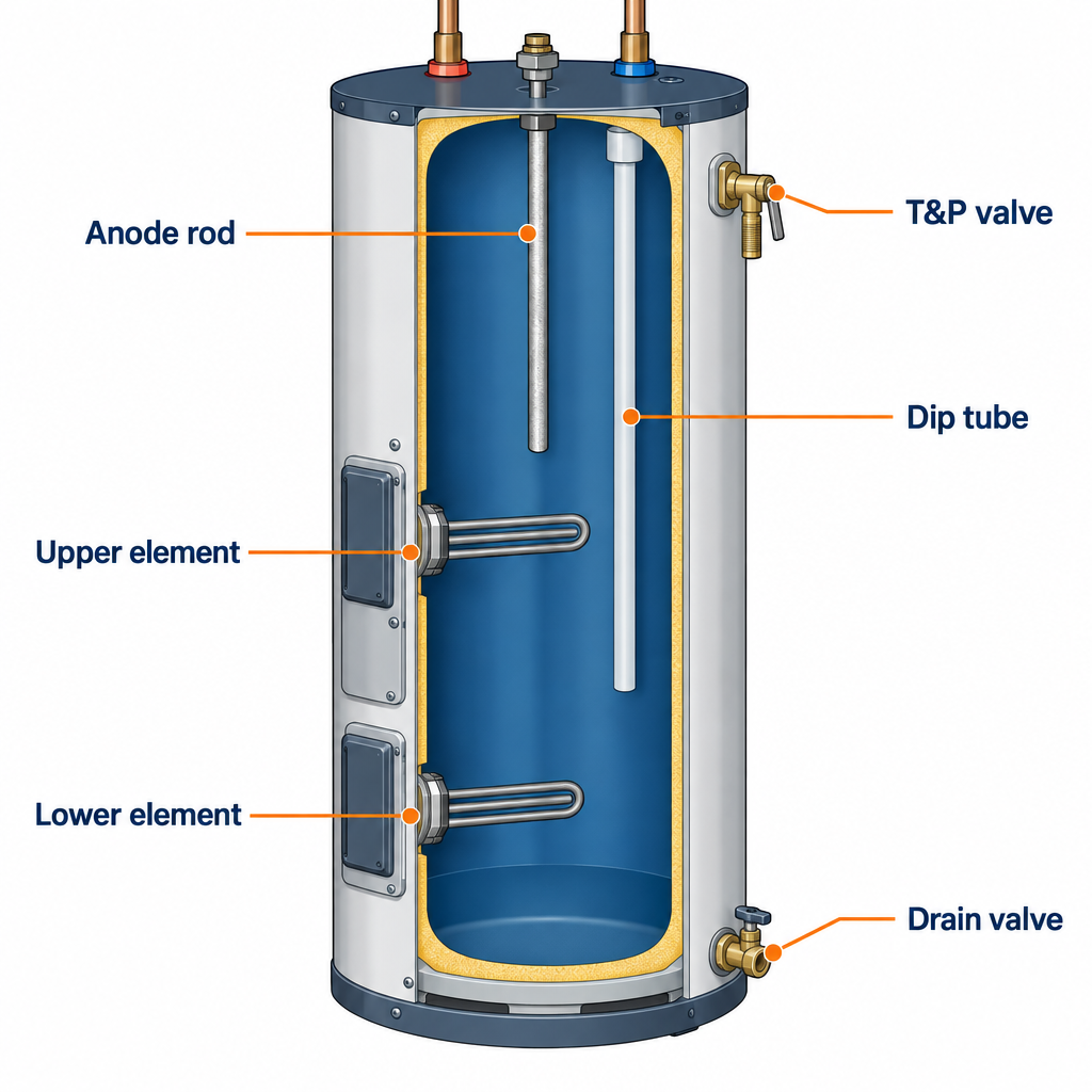 Labelled diagram of six water heater parts linked to common symptoms