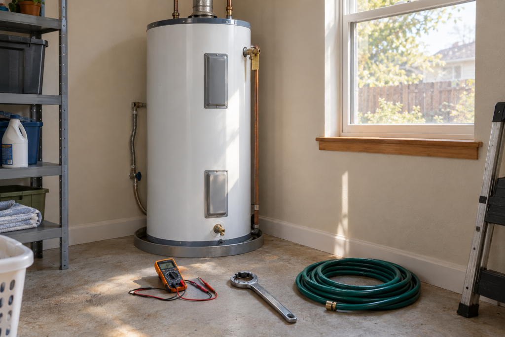 Water heater repair in a utility room with tools laid out beside the tank