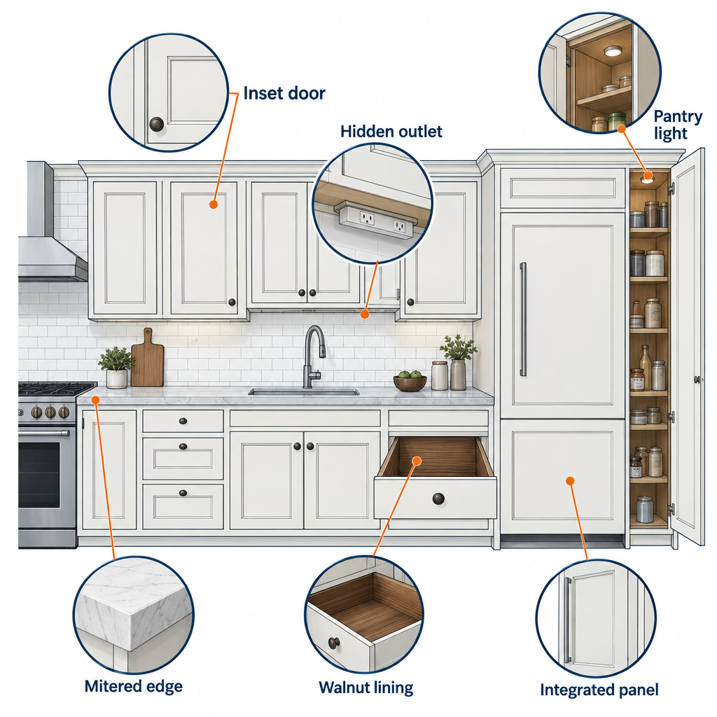 Labelled diagram of high-end kitchen details including inset cabinets, integrated appliances, mitered stone edge and hidden outlets