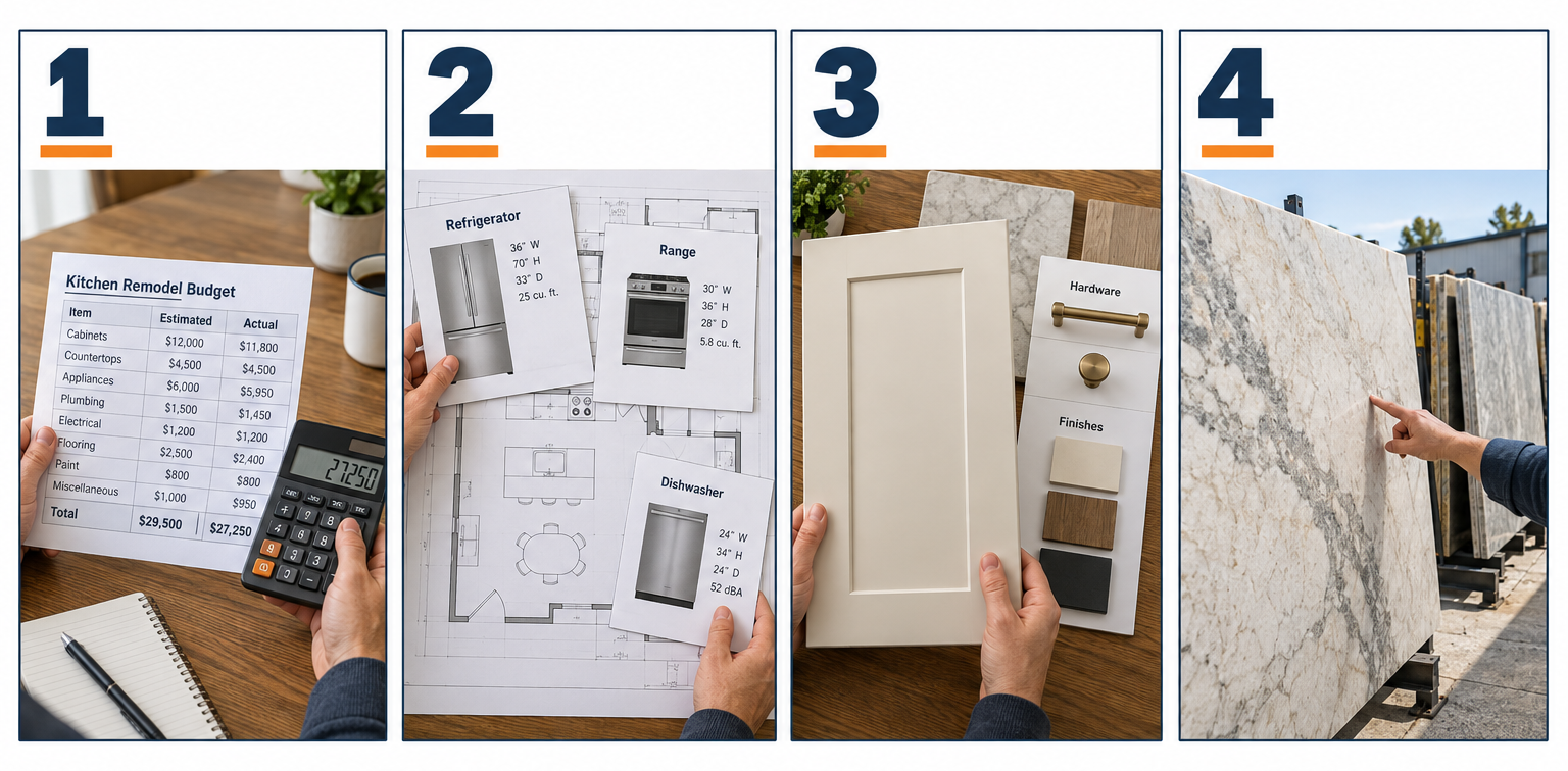 Planning a luxury kitchen remodel in four key steps: budget, appliances, cabinetry order and countertop selection